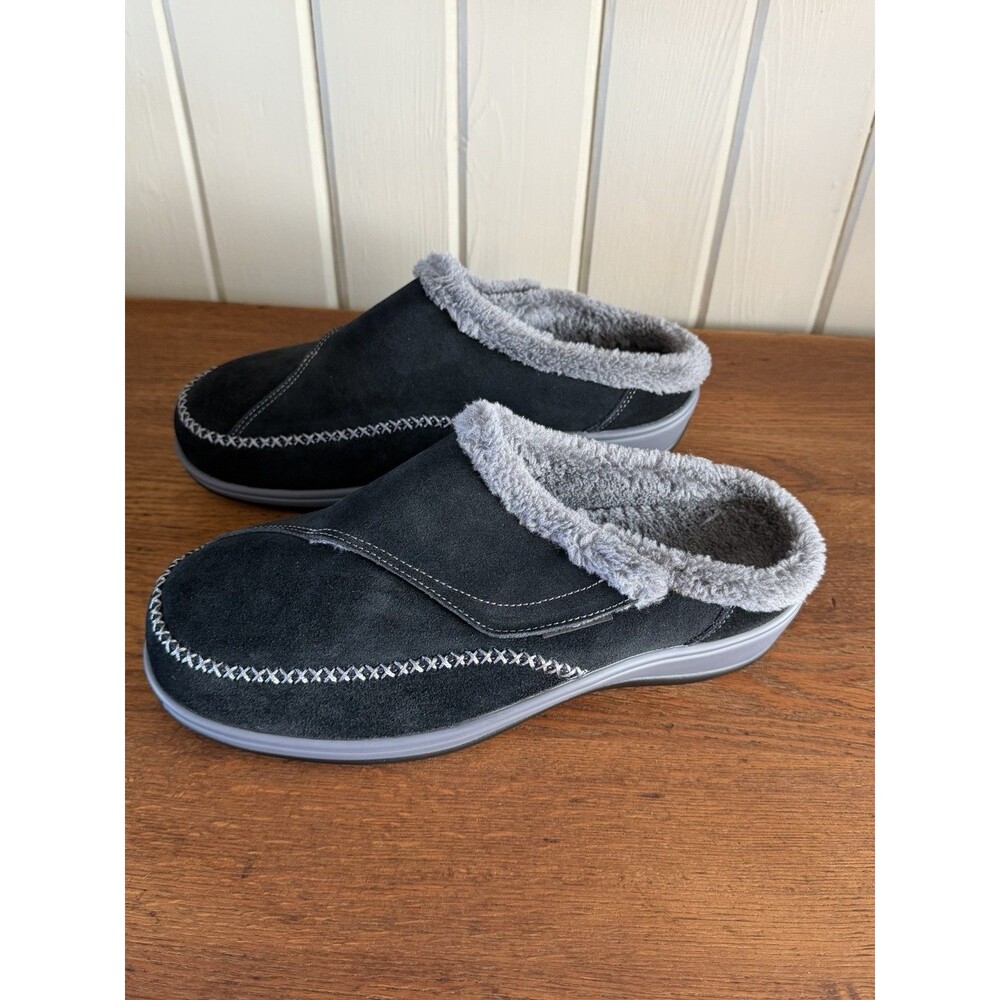 Orthofeet Charlotte US 11D Suede Black Faux Fur Lined Slippers w Inserts